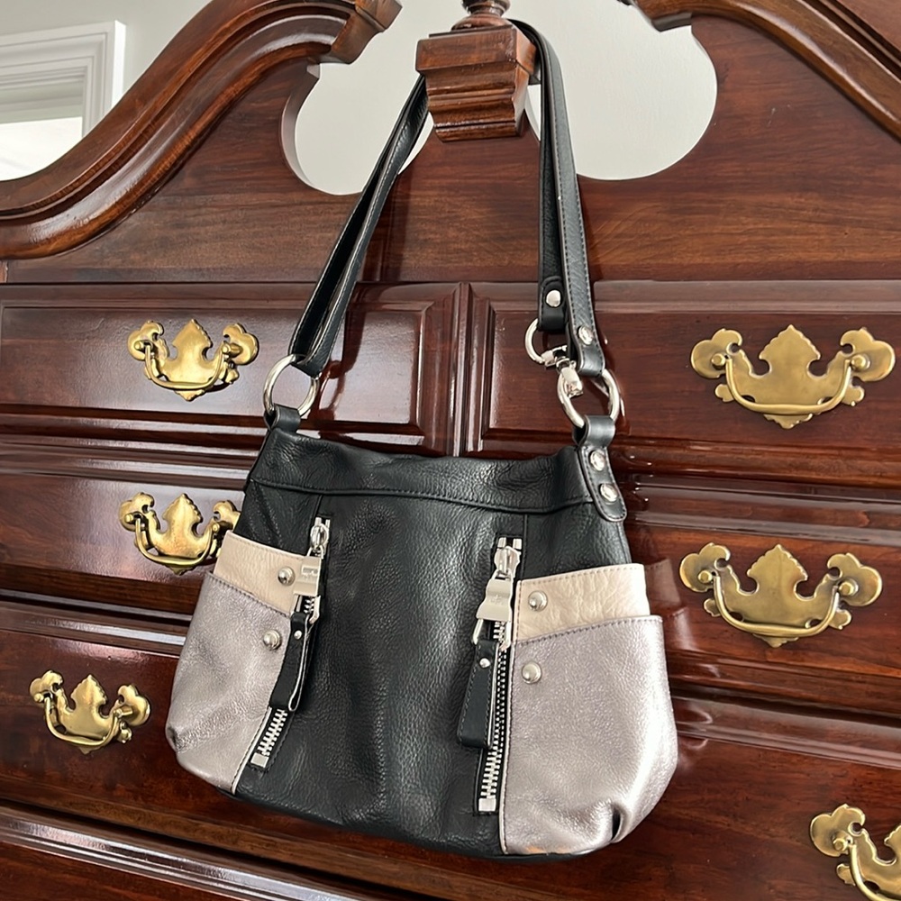 B. Makowsky Leather Black and Metallic Crossbody with Silver Hardware